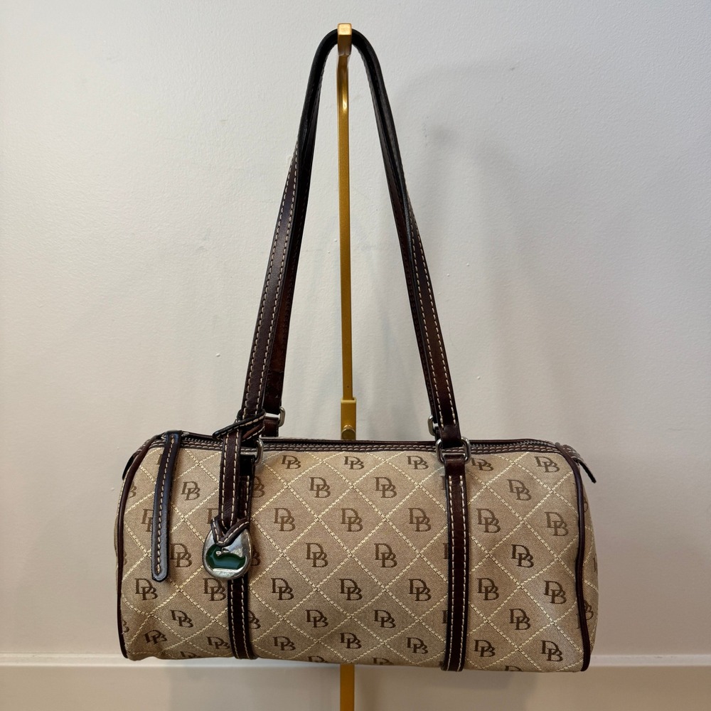 Y2K Dooney & Bourke Monogram Barrel Bag Brown Leather Trim Duck Charm Vintage